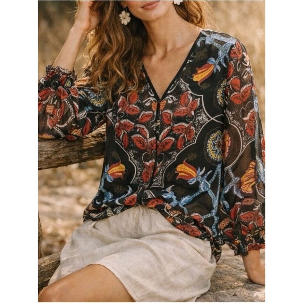 Alice + Olivia Women's Deandra Floral Blouse Paisley Colorful Boho Size S